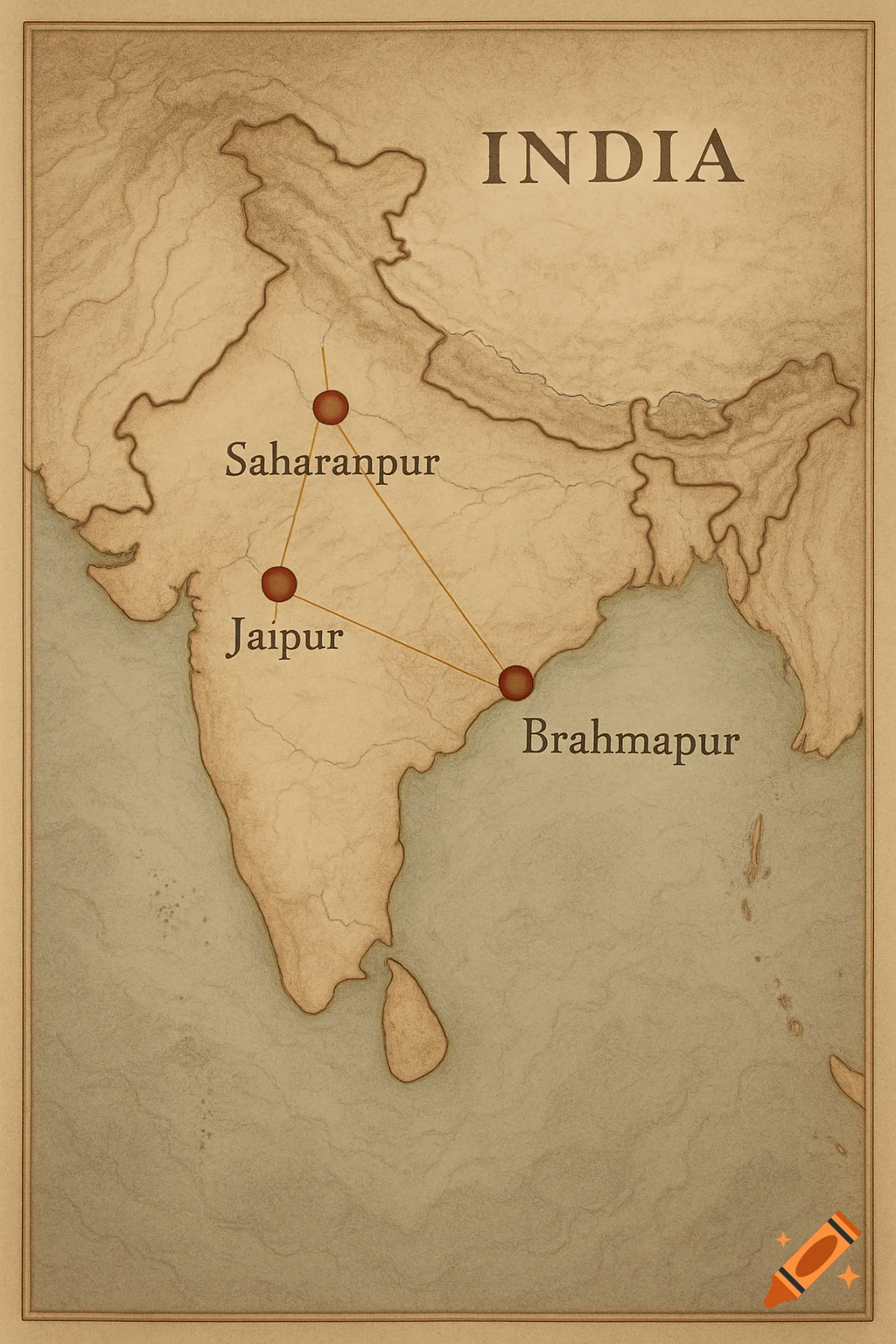 A vintage-style map of India with Saharanpur, Jaipur, and Brahmapur marked by red dots and connected by lines.
