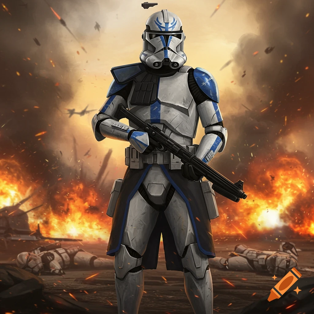 A 501st clone trooper stands amidst explosions and fallen troopers on a battleground in a stylized illustration.