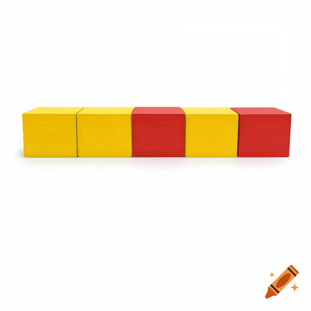 Five colorful wooden blocks in a row on a white background, alternating yellow and red.