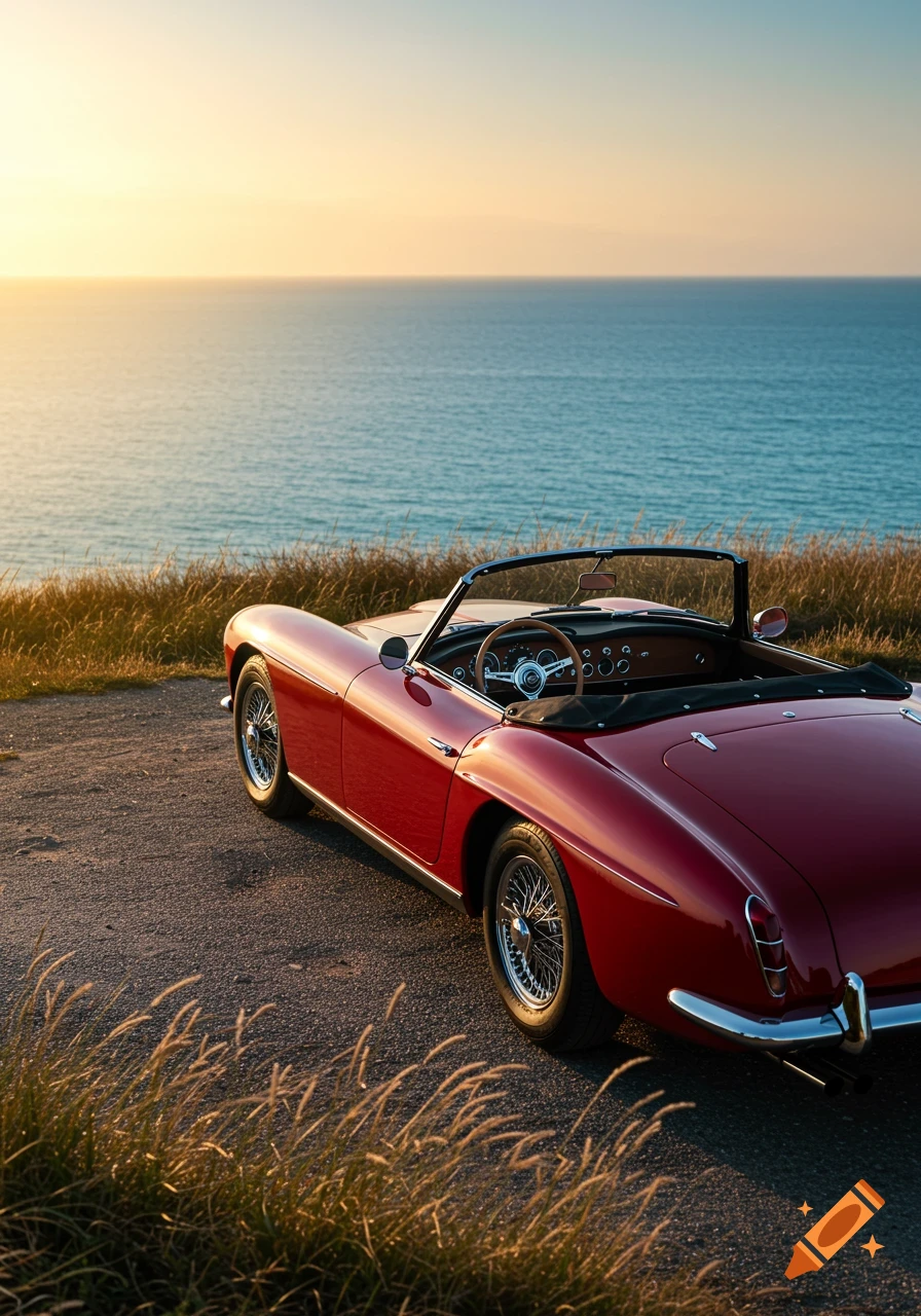 A vibrant red classic convertible car is parked on a road overlooking the vast ocean at sunset.