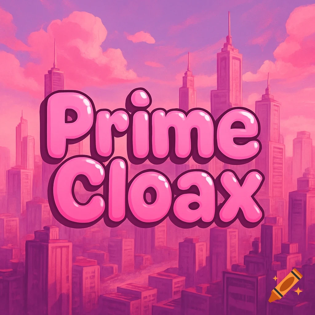 Pink city with bubble letters 'Prime Cloax' in the foreground, against a pink and purple sky.
