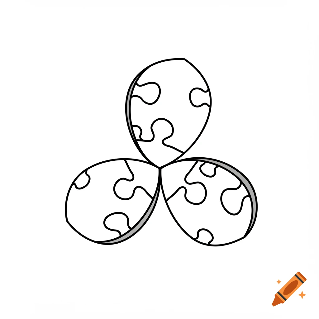 A black line drawing of a three-petaled flower shape, with each petal featuring puzzle piece cutouts inside, on a white background.