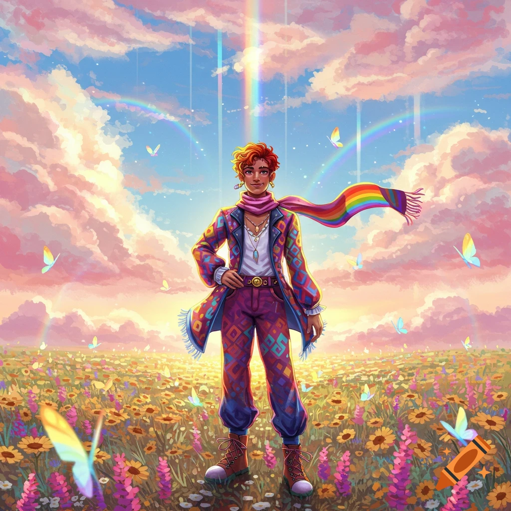 Vibrant illustration of a person in a colorful suit and rainbow scarf, in a flower field under a cloudy sky with rainbows.