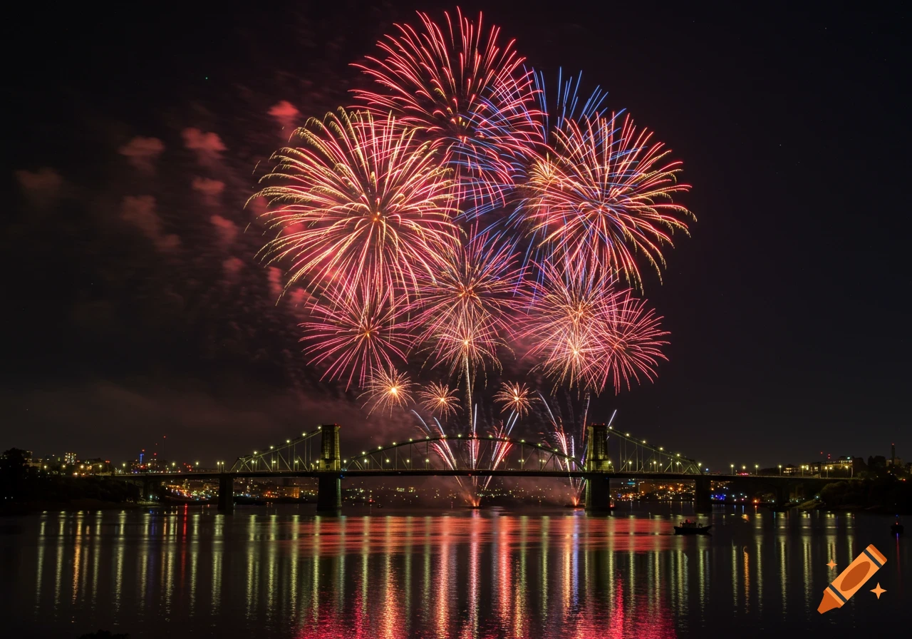 Vibrant fireworks explode over a river with a lit-up bridge and city skyline at night, reflecting in the water.