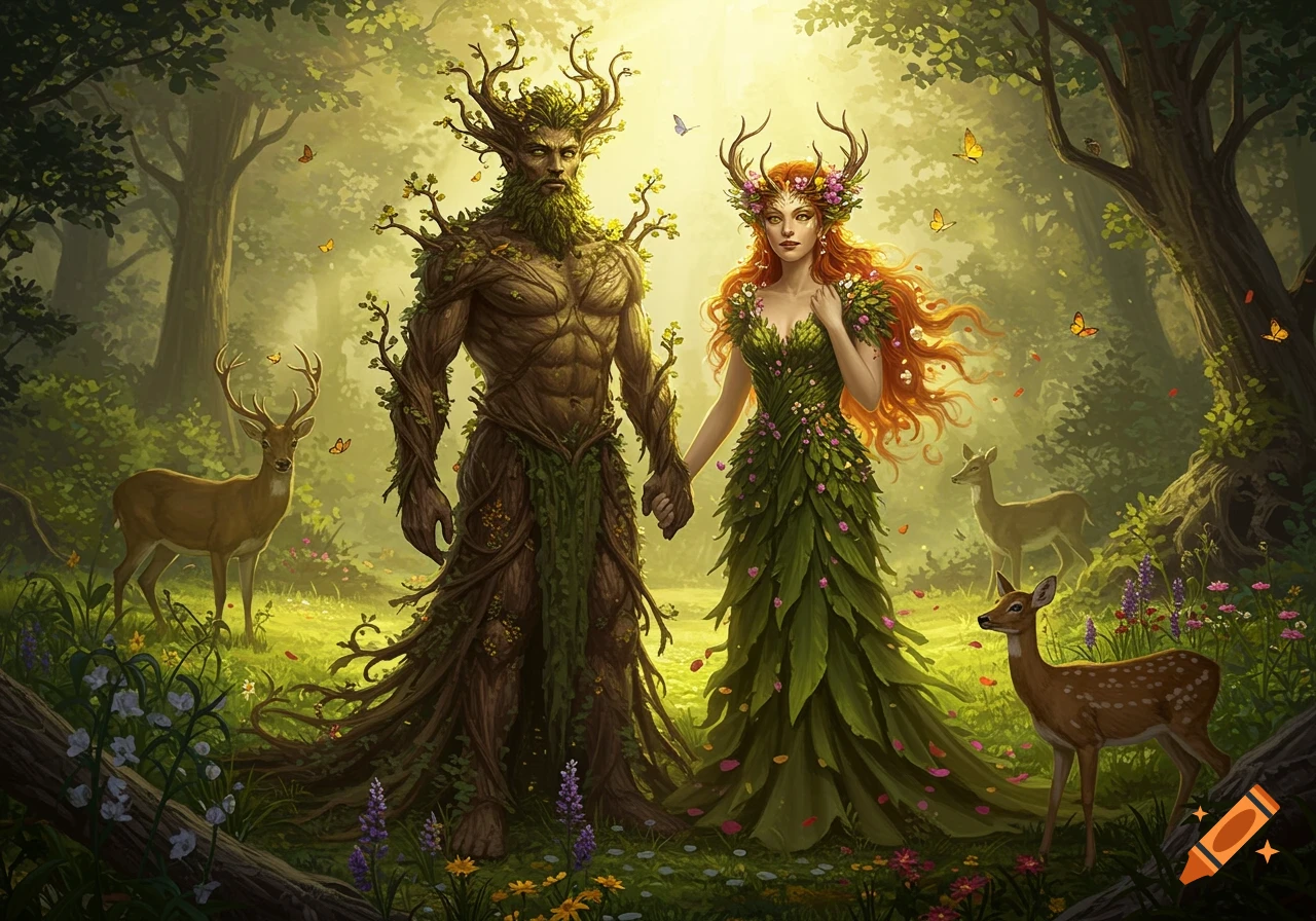 A tree-like god and a nature goddess with antlers hold hands in a lush, sunlit forest with deer and butterflies.