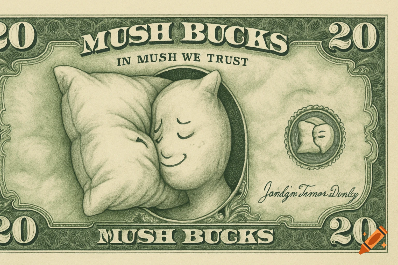 A detailed illustration of a green "Mush Bucks" twenty-dollar bill, featuring a pillow being mushed into a smiling face in the center, resembling a US dollar.