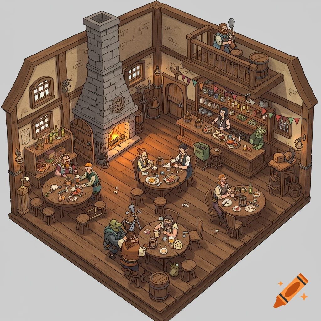 A cartoonish isometric view of a bustling fantasy tavern with patrons dining and drinking, a barkeeper, and a fireplace.