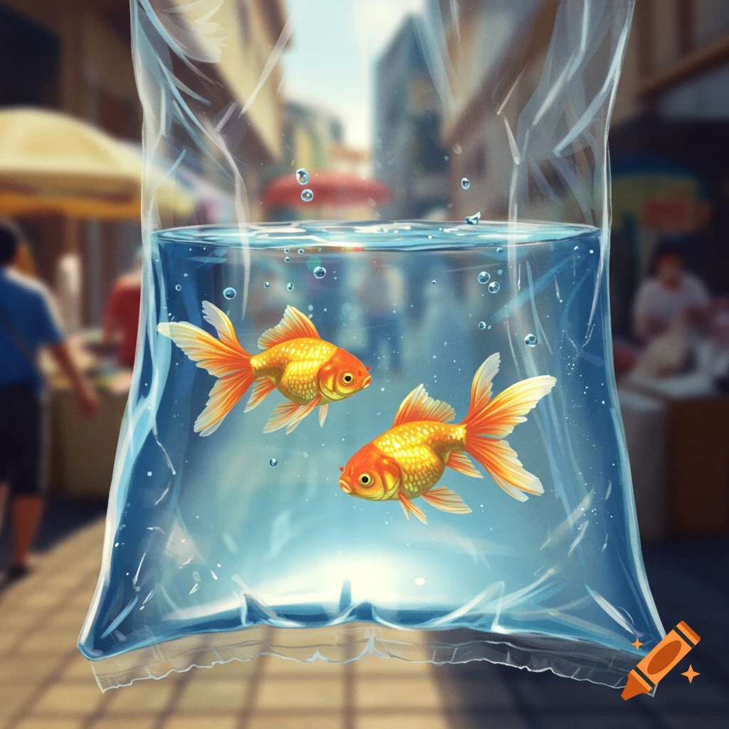 Two goldfish swim in a clear plastic bag of water against a blurred outdoor market background.