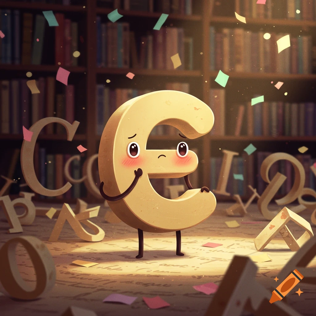 An embarrassed cartoon lowercase letter 'e' with blush marks on its cheeks stands in a library surrounded by scattered letters and confetti.
