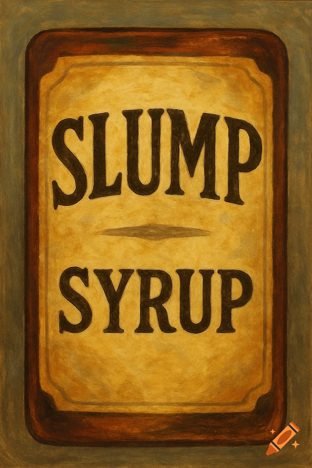 A vintage-style brown and yellow label reads 'SLUMP SYRUP' in bold black letters, set against a dark green background.