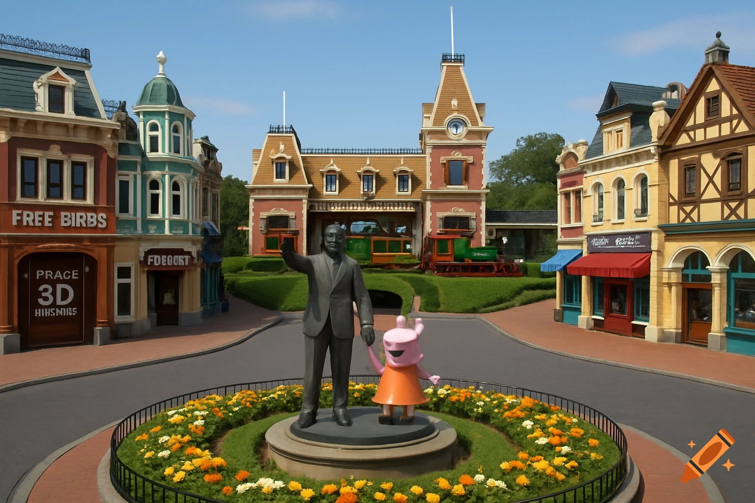 A colorful theme park street with statues of a man and Peppa Pig in a flower bed, and a train station in the background.