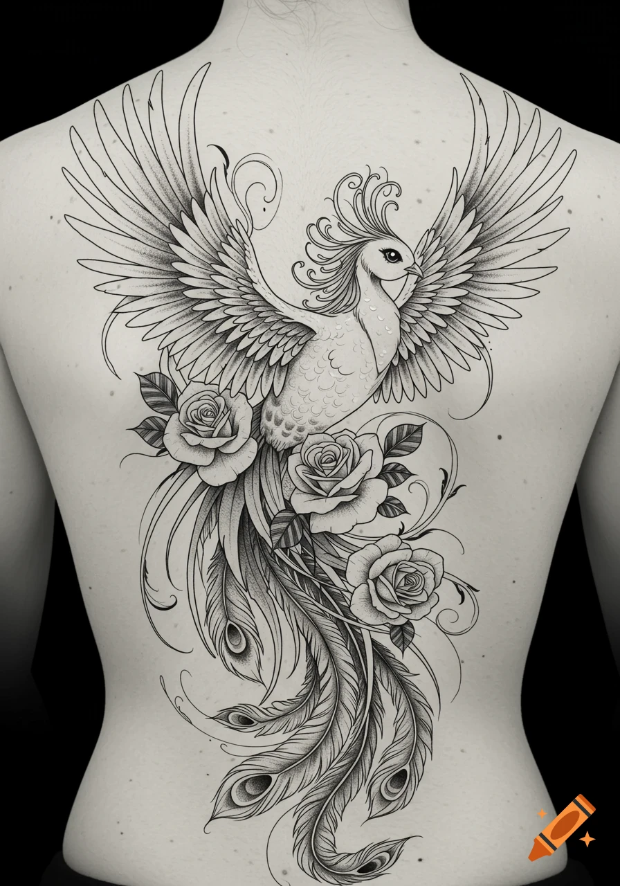 Detailed blackwork tattoo of a graceful phoenix with outstretched wings and flowing tail, surrounded by roses on a back.