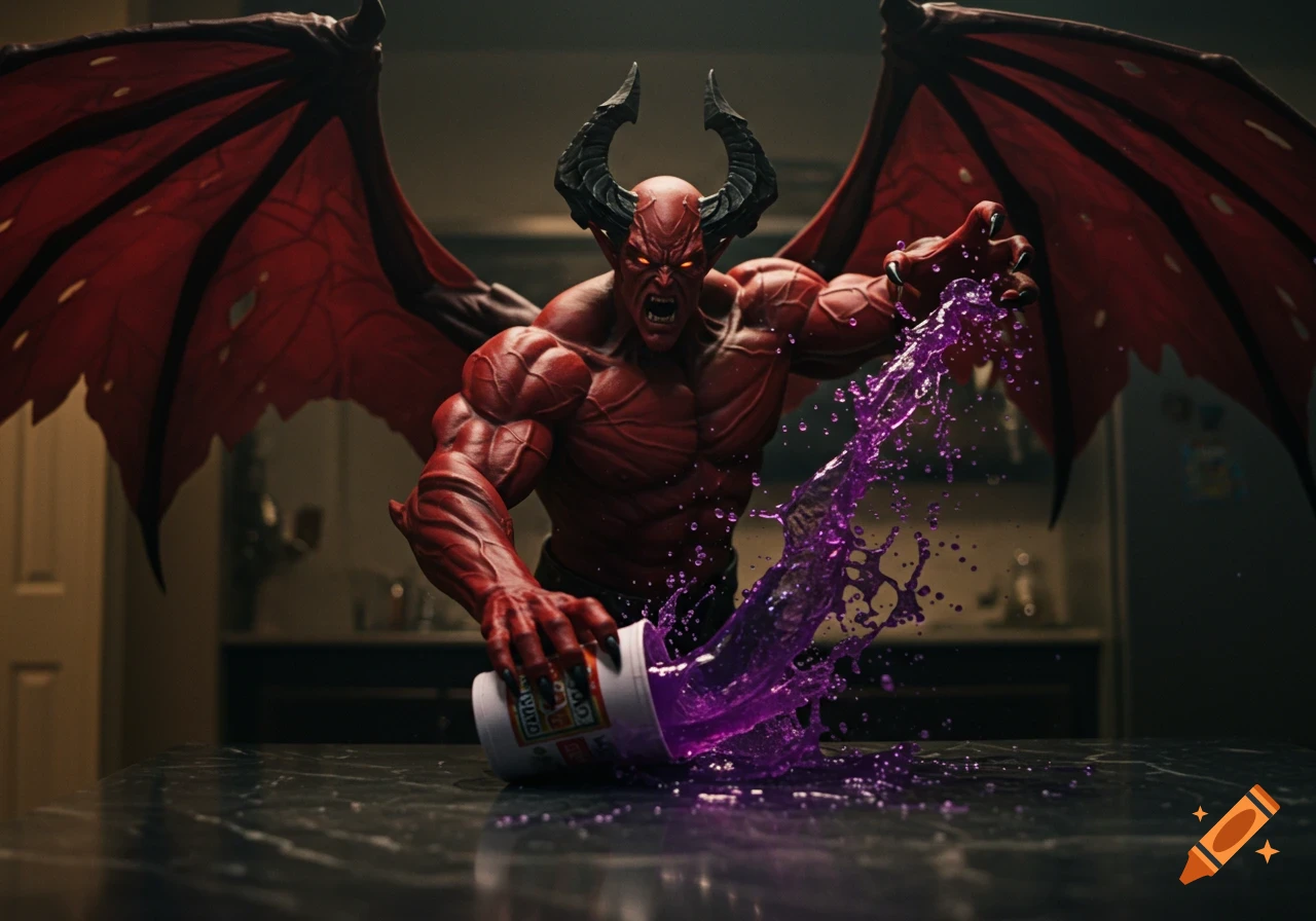 A red-skinned, muscular demon with large red wings and horns slams a cup, spilling purple liquid across a dark counter.