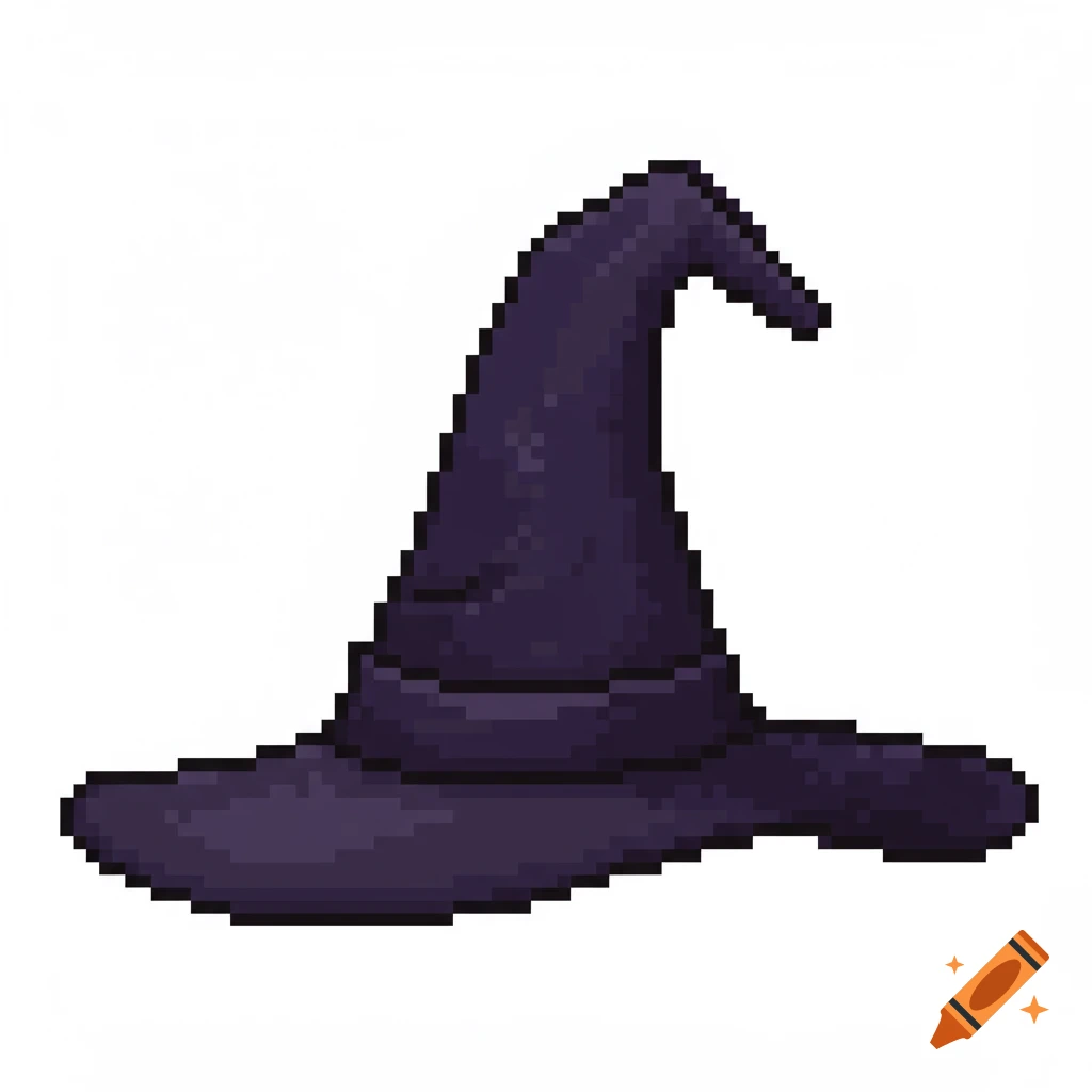 A dark purple pixel art witch hat with a pointed top and wide brim.