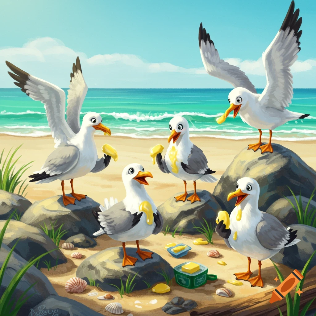 Cartoon seagulls on a sandy beach, some with butter on them.