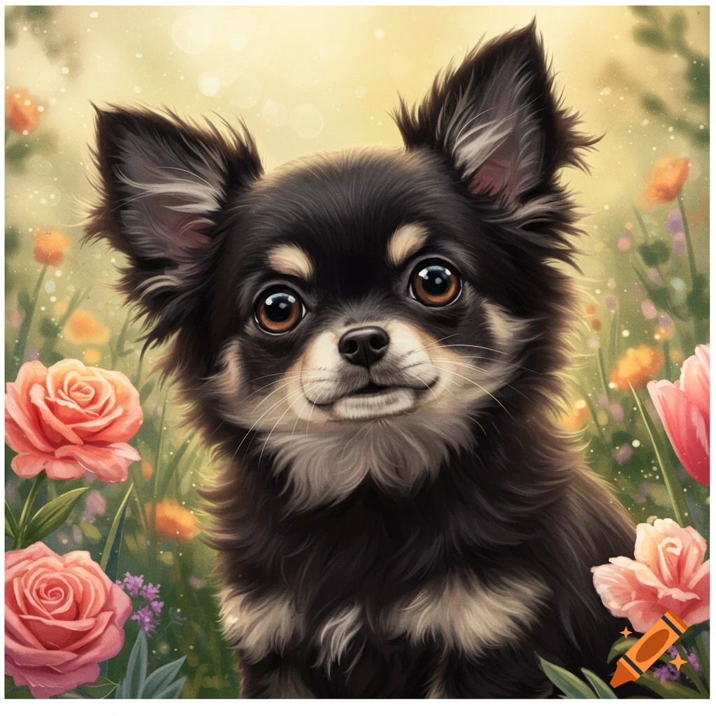 A fluffy black and tan chihuahua with big eyes smiles in a field of colorful flowers.