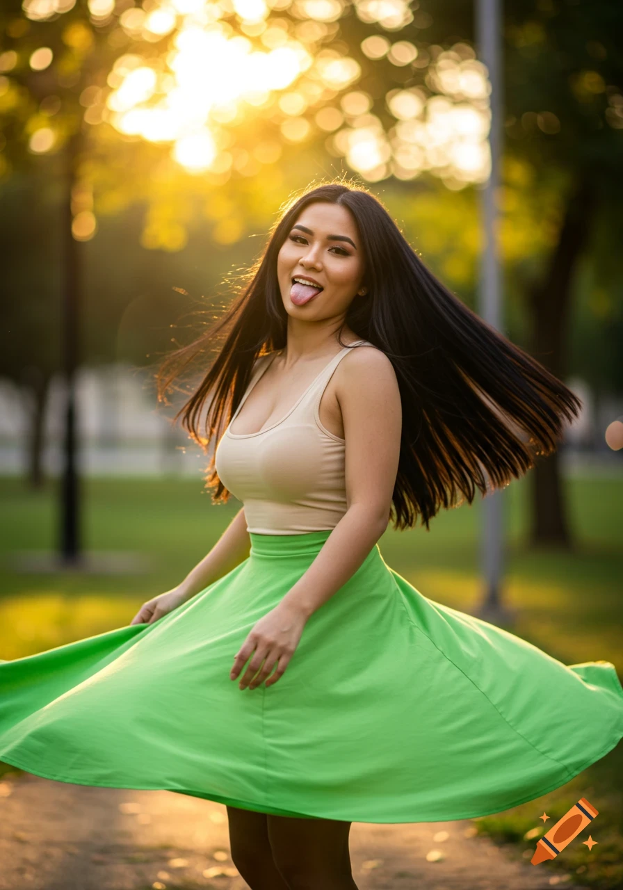 A young woman with long dark hair, wearing a beige tank top and green skirt, playfully spinning outdoors at sunset with her tongue out.