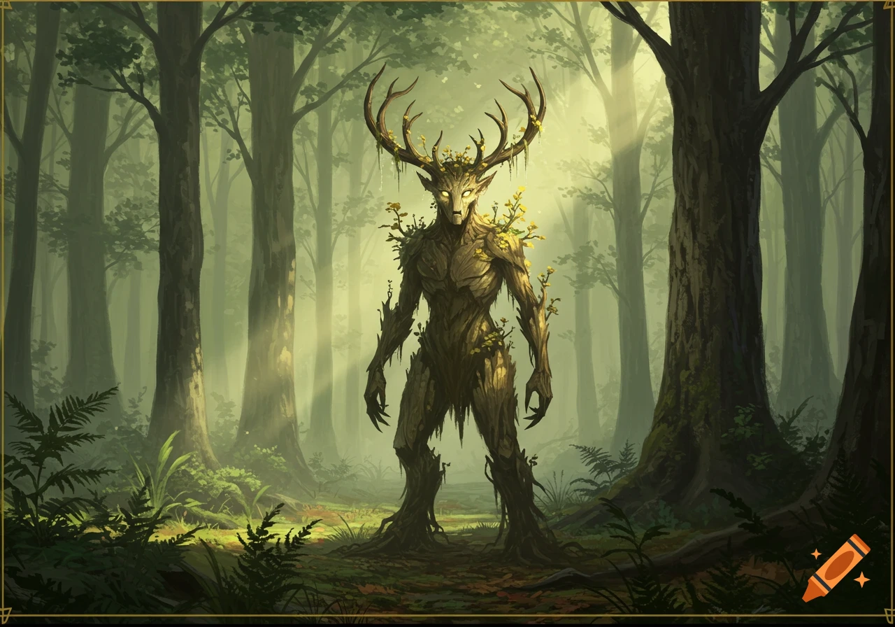 A majestic tree creature with antlers stands in a sunlit, misty forest, rendered in a fantasy art style.