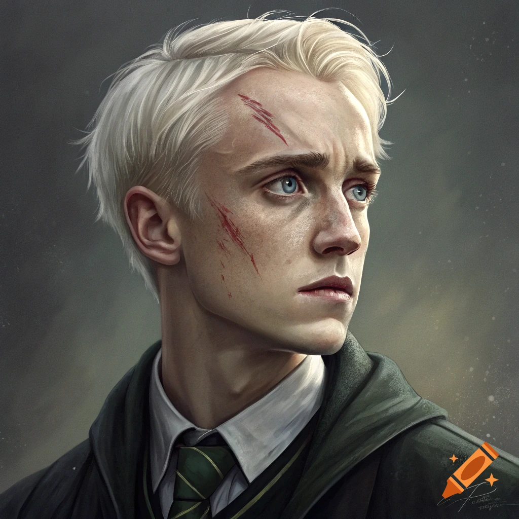 A realistic digital painting of a young man with platinum blonde hair, blue eyes, and battle scars on his face, wearing a green cloak and tie, looking pensive.