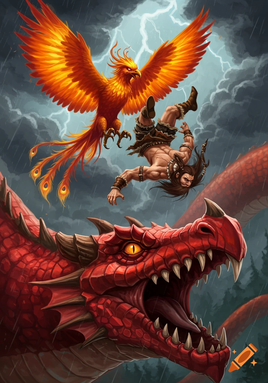 A vibrant digital painting of a barbarian performing a backflip away from a roaring red dragon, as a fiery phoenix soars above.