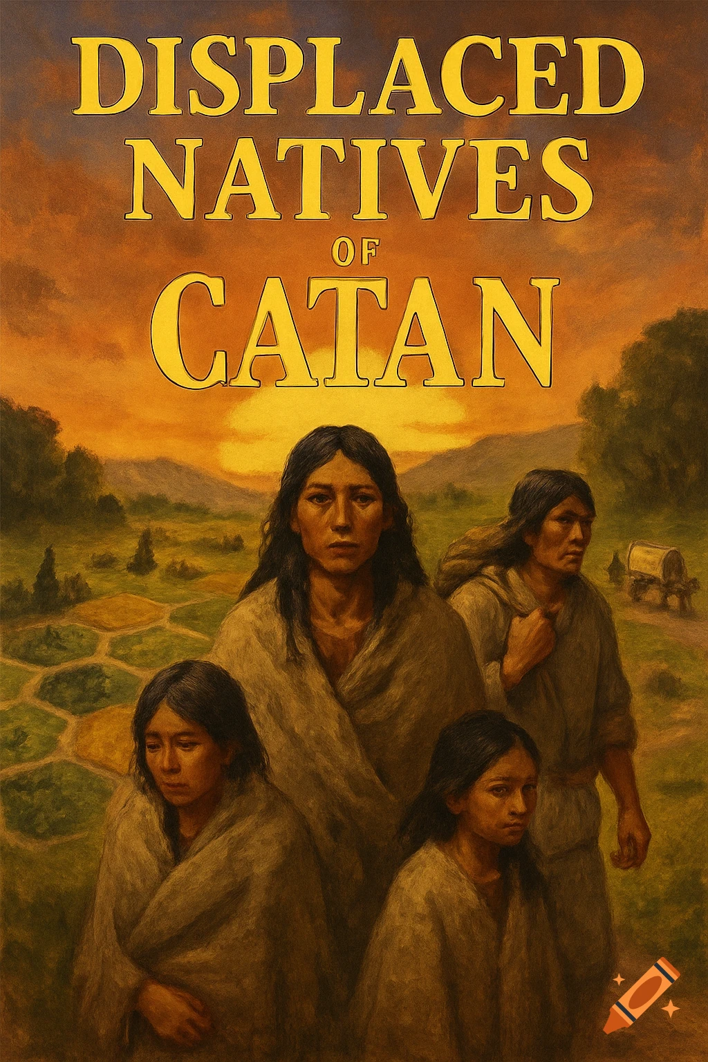 A painting of four Indigenous people in a field with hexagonal plots, under a sunset sky. Text reads 'DISPLACED NATIVES OF CATAN'.
