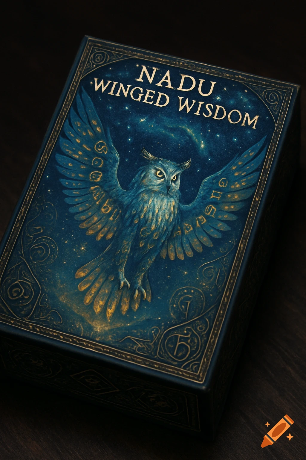 An ornate, dark blue box featuring a blue and gold owl with outstretched wings against a starry sky. Text reads 'NADU WINGED WISDOM'.
