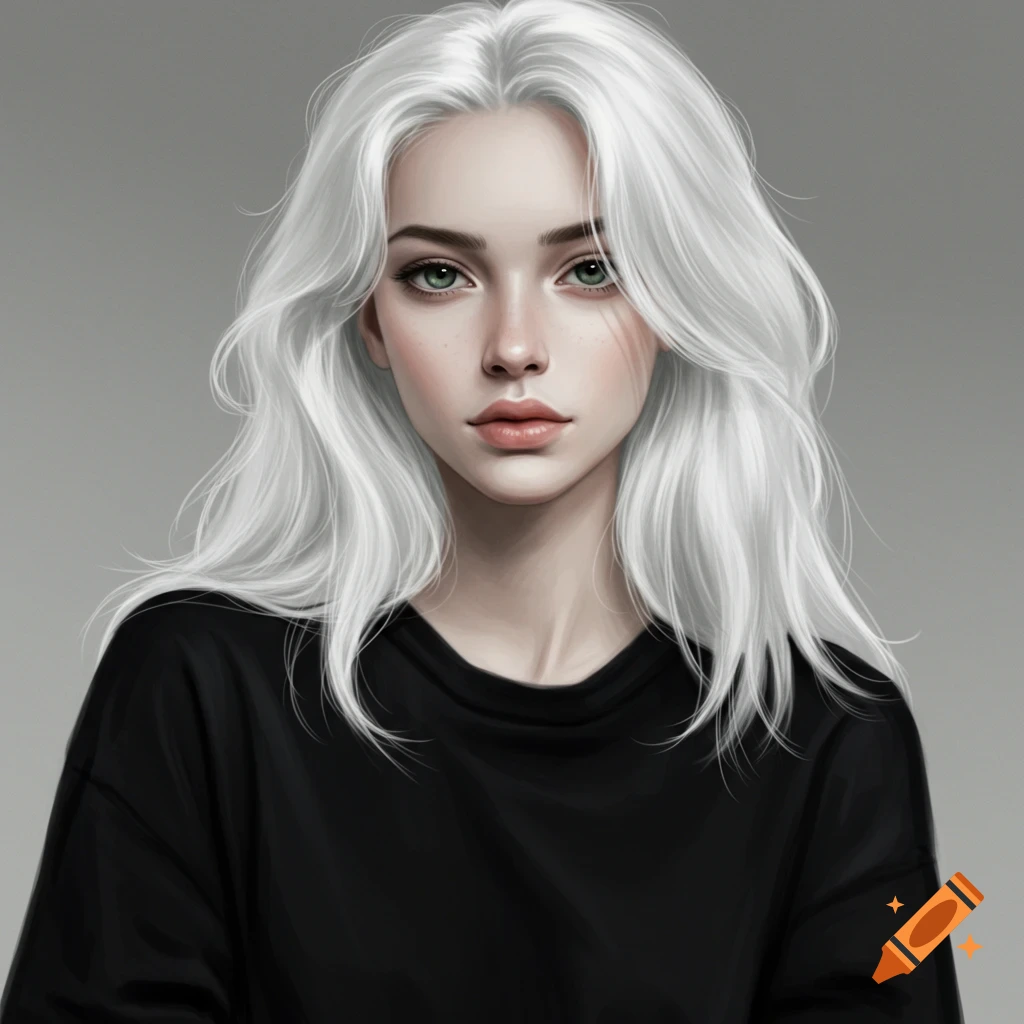 A digital painting portrait of a young woman with long white hair, green eyes, and fair skin wearing a black shirt.
