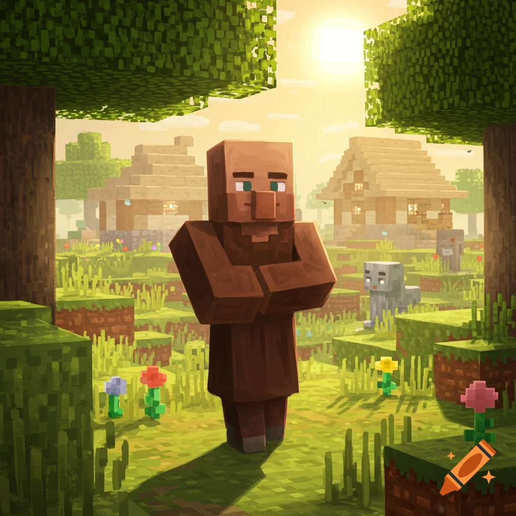 A Minecraft villager stands with arms crossed in a sunny, blocky village landscape with trees, houses, flowers, and a sheep.