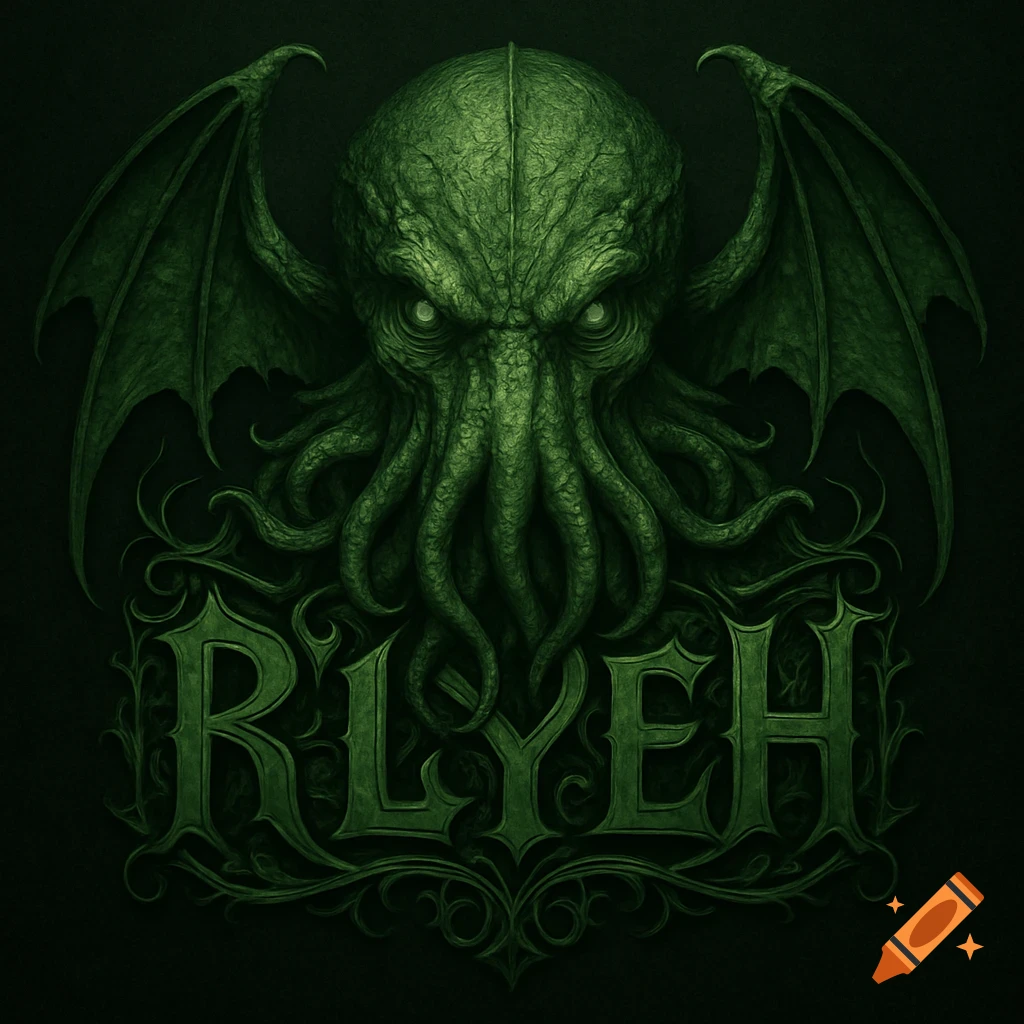 A hyperrealistic dark green Cthulhu monster with wings and tentacles, above ornate RLYEH text, in a gothic style.