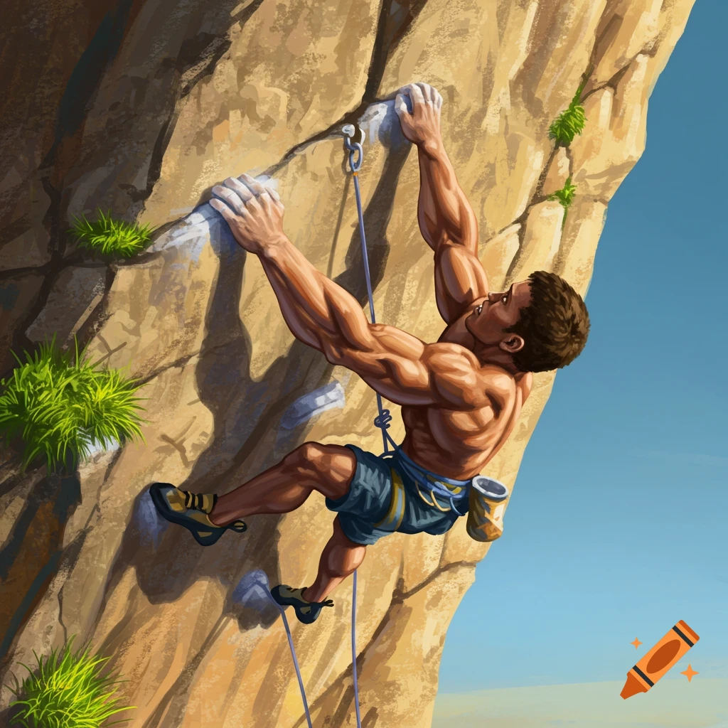 A muscular man rock climbing a steep rock face under a blue sky, in an illustrative style.