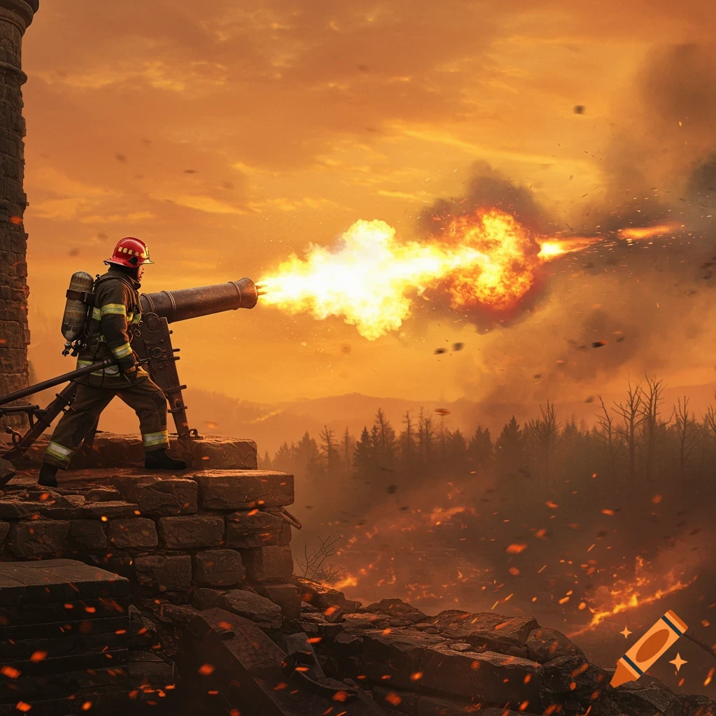 A firefighter in gear fires a large cannon, blasting huge flames and smoke into an orange sky over a burning forest.