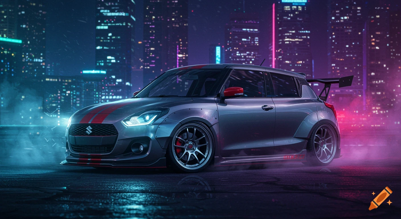A grey widebody Suzuki Swift with red racing stripes parked on a wet street in a neon-lit city at night.