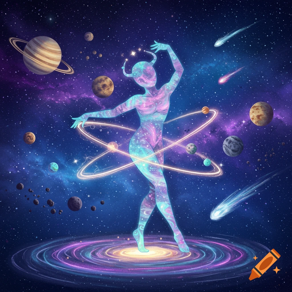 A celestial figure made of a galaxy pattern dances in space, surrounded by planets, stars, and comets, with a glowing spiral galaxy beneath its feet.