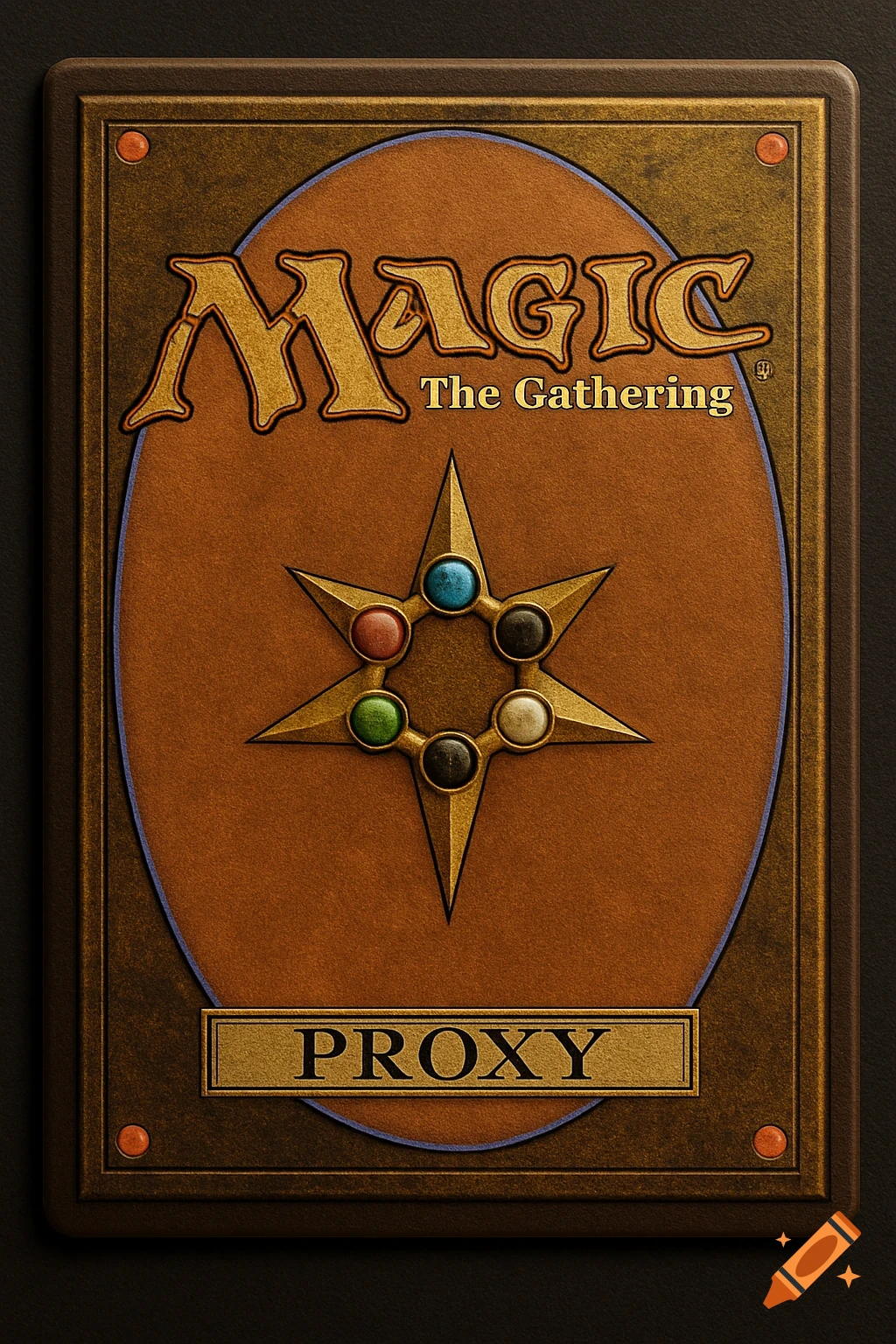 Photorealistic image of a Magic: The Gathering card back, featuring the game logo and the word 'PROXY' at the bottom.