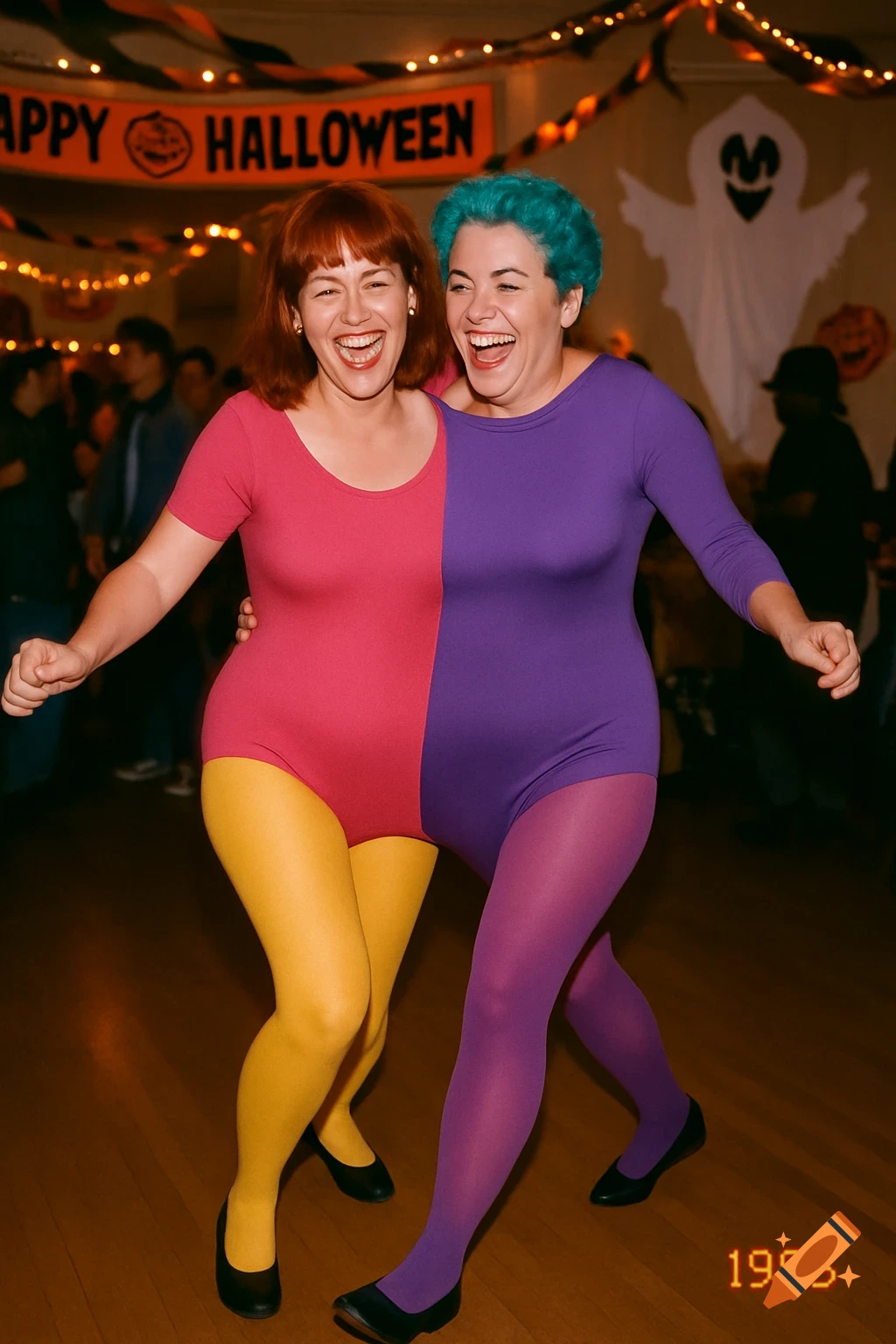 Two women in a two-person leotard costume laughing and dancing at a 1995 Halloween party.