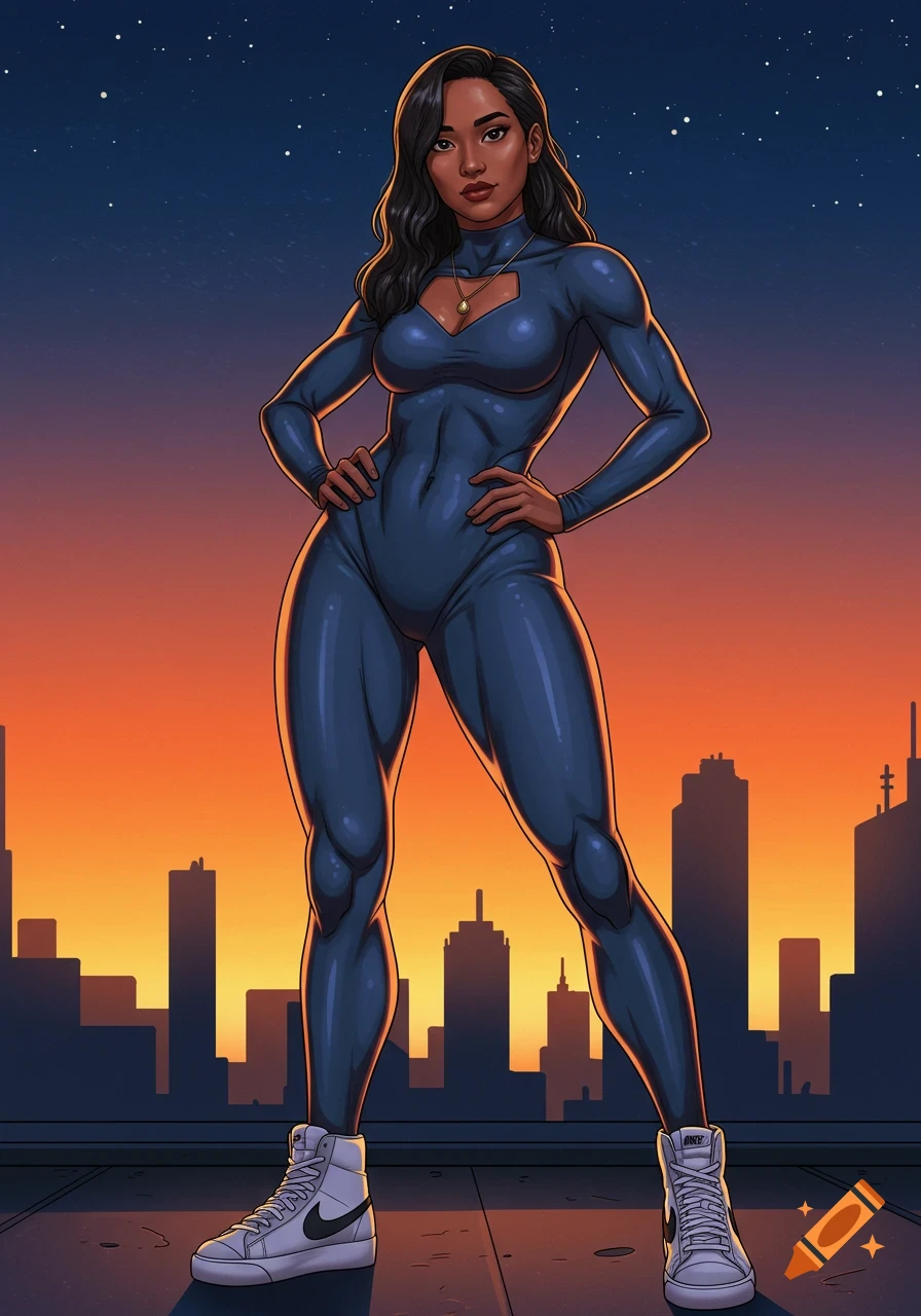 Illustration of a confident woman in a dark blue superhero suit and white sneakers standing on a rooftop at sunset.