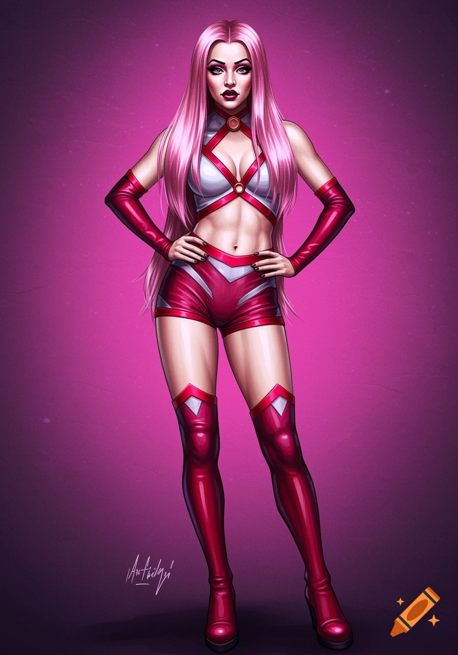 A woman with long pink hair in a red and white supervillain costume with a crop top, shorts, and knee-high boots, posing against a pink background.