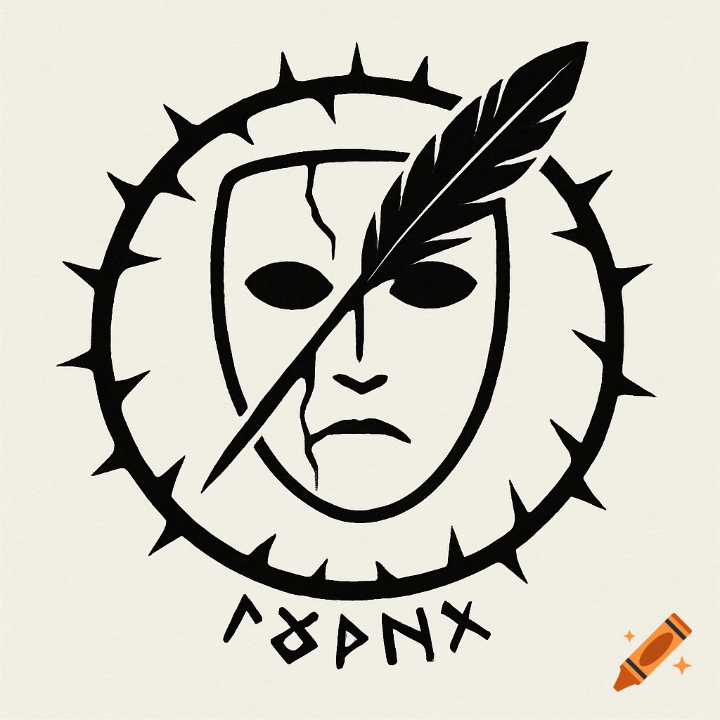 A stark, minimalist black-and-white sigil featuring a cracked mask, a feather, thorns, and angular runes.