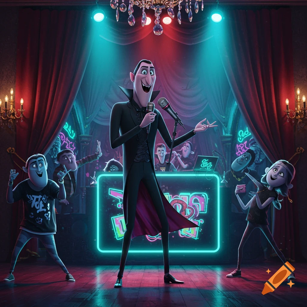 Dracula sings on a stage with neon lights and fellow cartoon characters dancing.