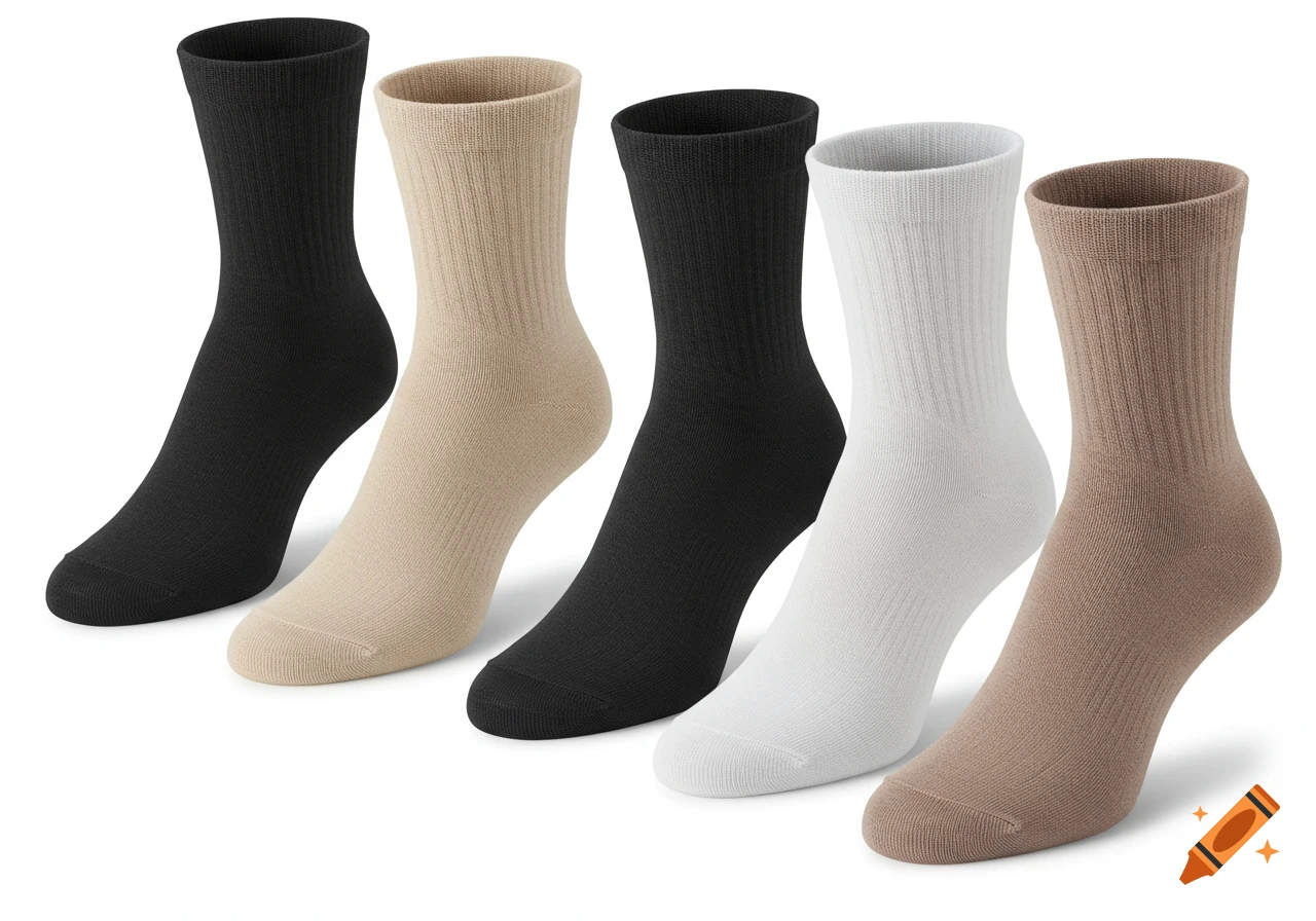 A lineup of five crew socks in varying colors: black, light beige, black, white, and a darker beige-brown, arranged diagonally on a white background.