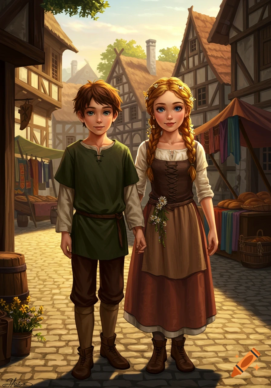 An illustrated image of a boy and a girl holding hands in a medieval village street with market stalls and half-timbered houses at sunset.