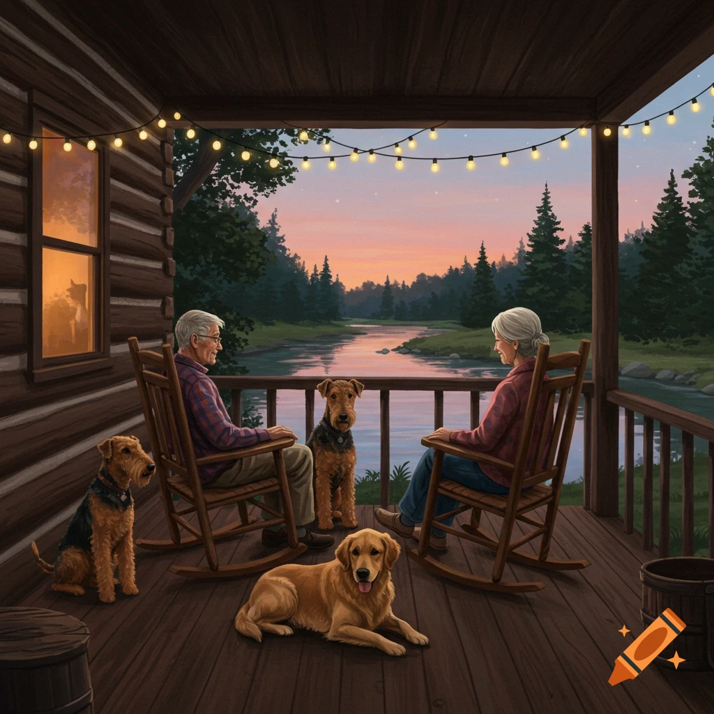 An old couple sits on a cabin porch in rocking chairs with two Airedales and a golden retriever. They watch a river at sunset.