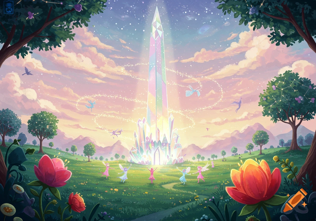 Whimsical fantasy landscape with a towering crystal emitting light, surrounded by dancing fairies, colorful flowers, and lush trees under a vibrant sky.