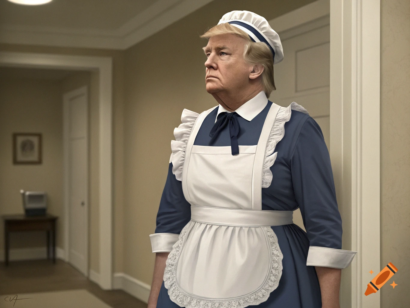 Donald Trump wearing a blue maid uniform with a white apron and cap, standing in a hallway.