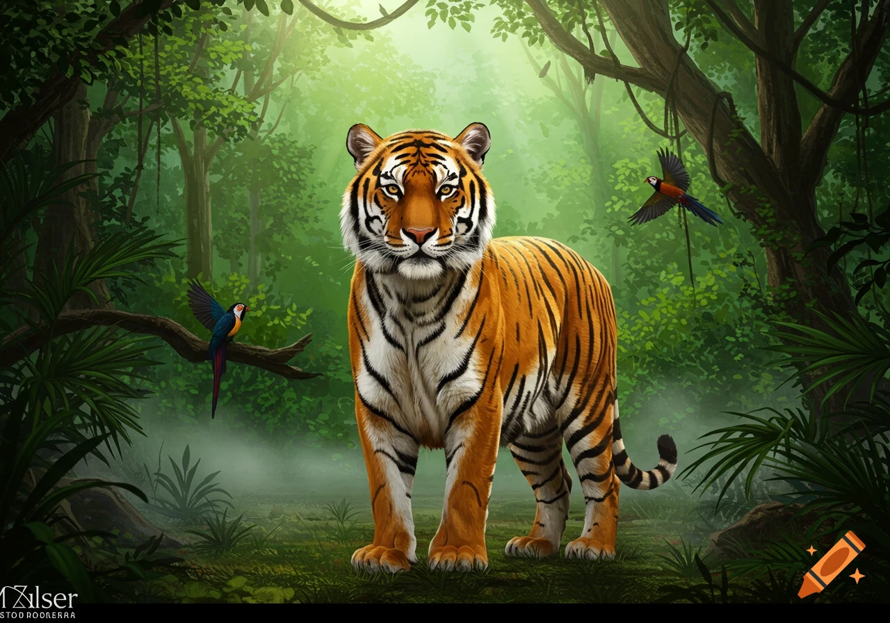 A majestic tiger stands front and center in a lush green jungle, with two colorful parrots in the background.