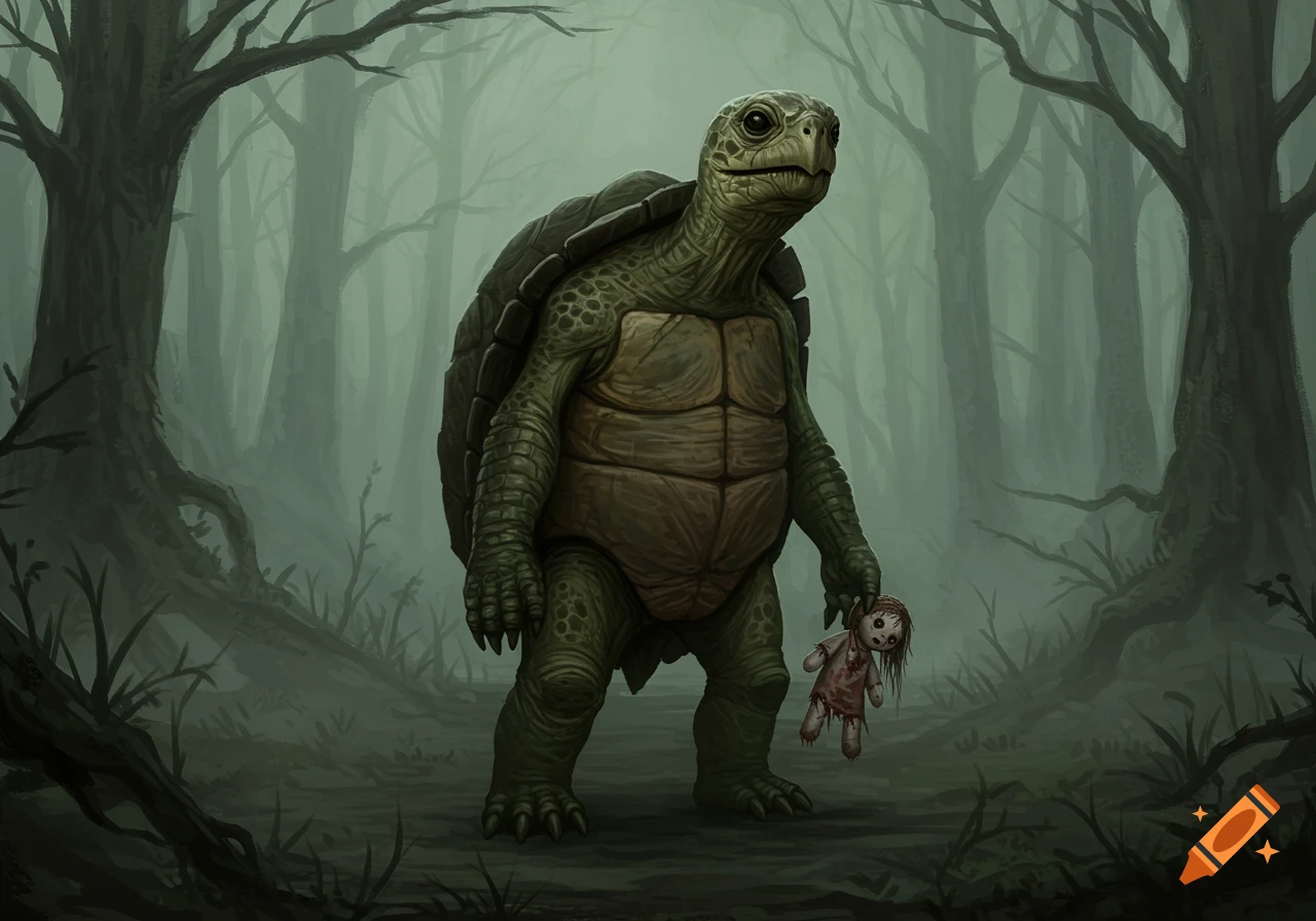 A humanoid turtle standing and holding a tattered, creepy doll in a misty, dark horror forest.