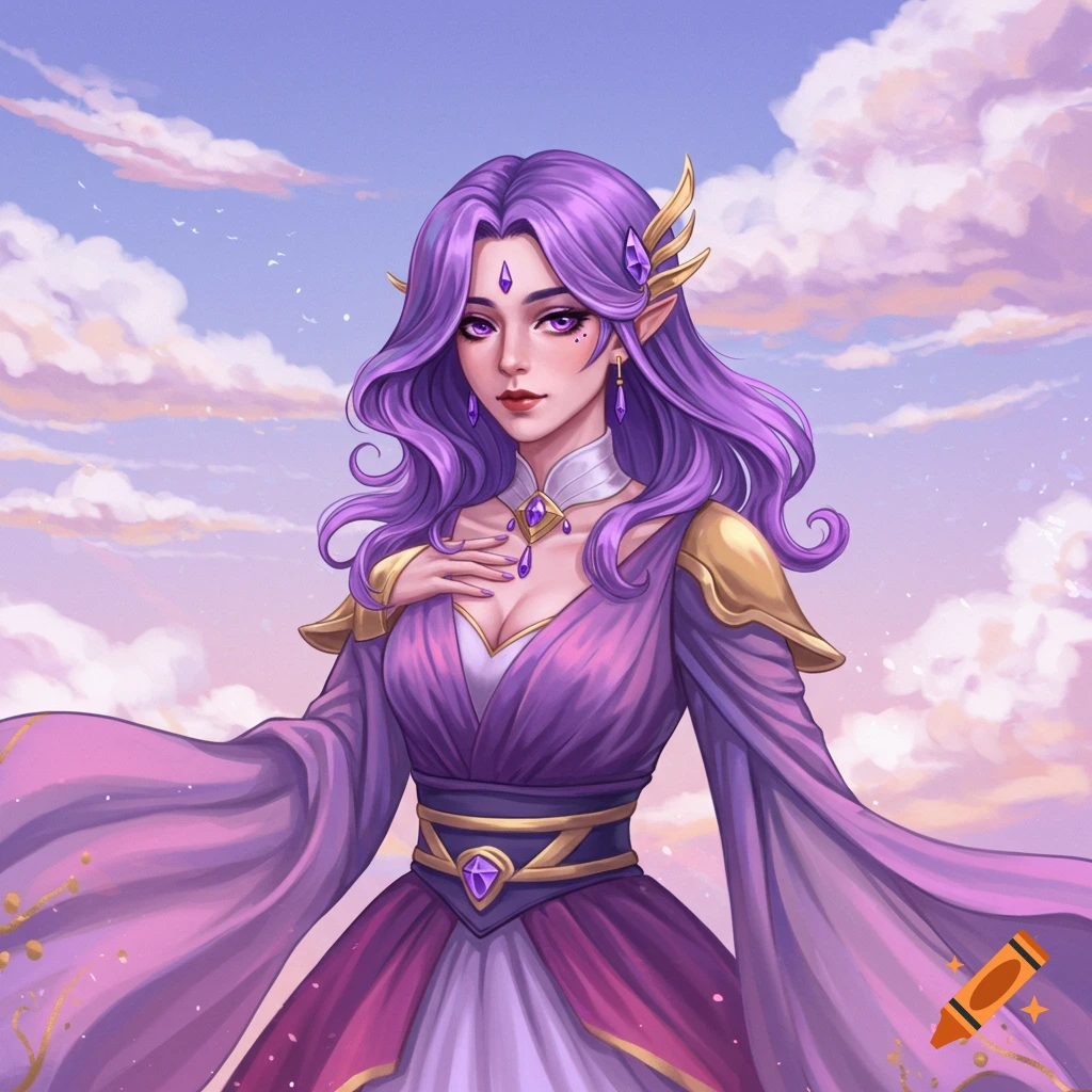 A purple-haired fantasy woman with elf ears in a flowing purple and gold dress, standing against a cloudy sky.