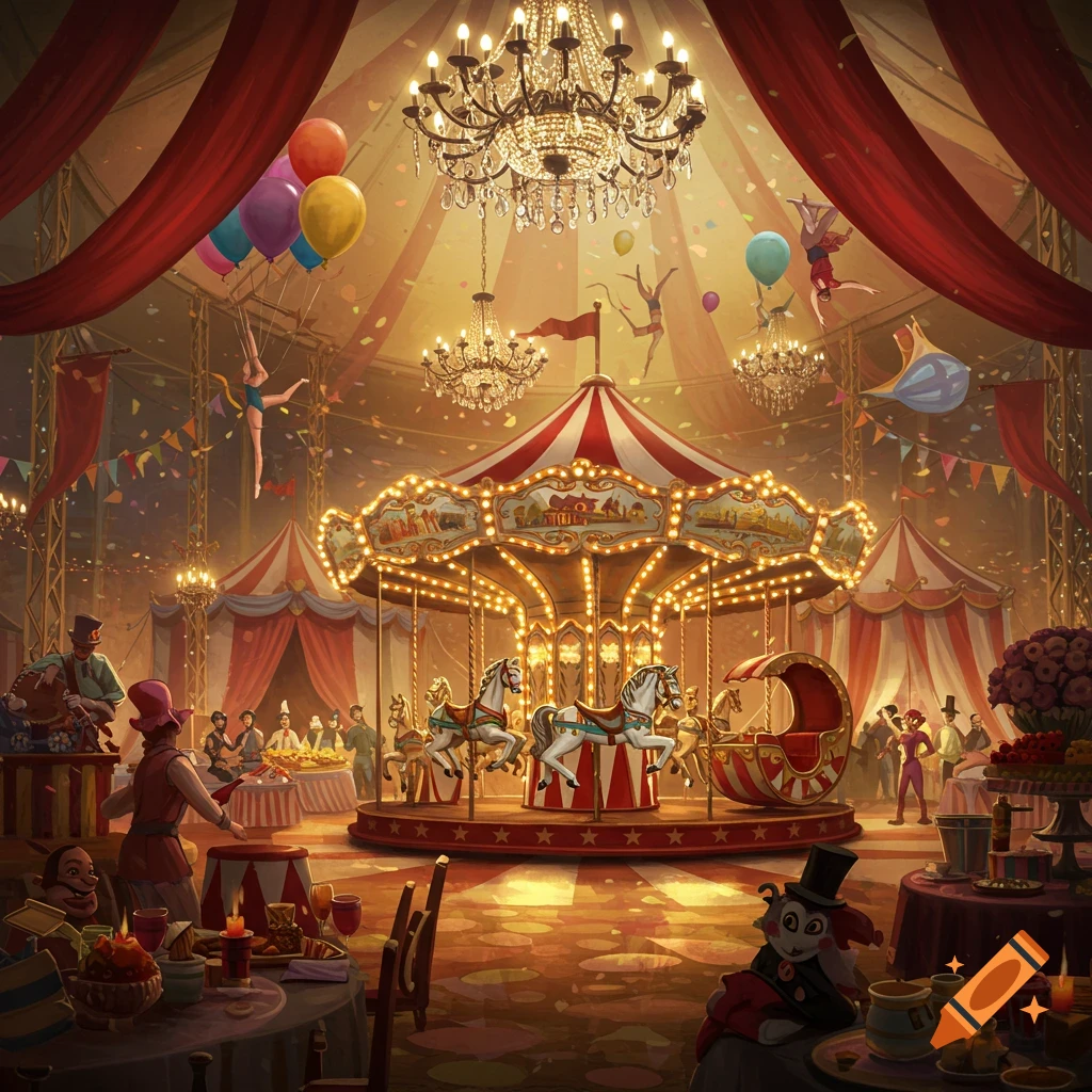 A vibrant circus tent interior with a brightly lit carousel, elaborate chandeliers, acrobats, balloons, and party-goers.