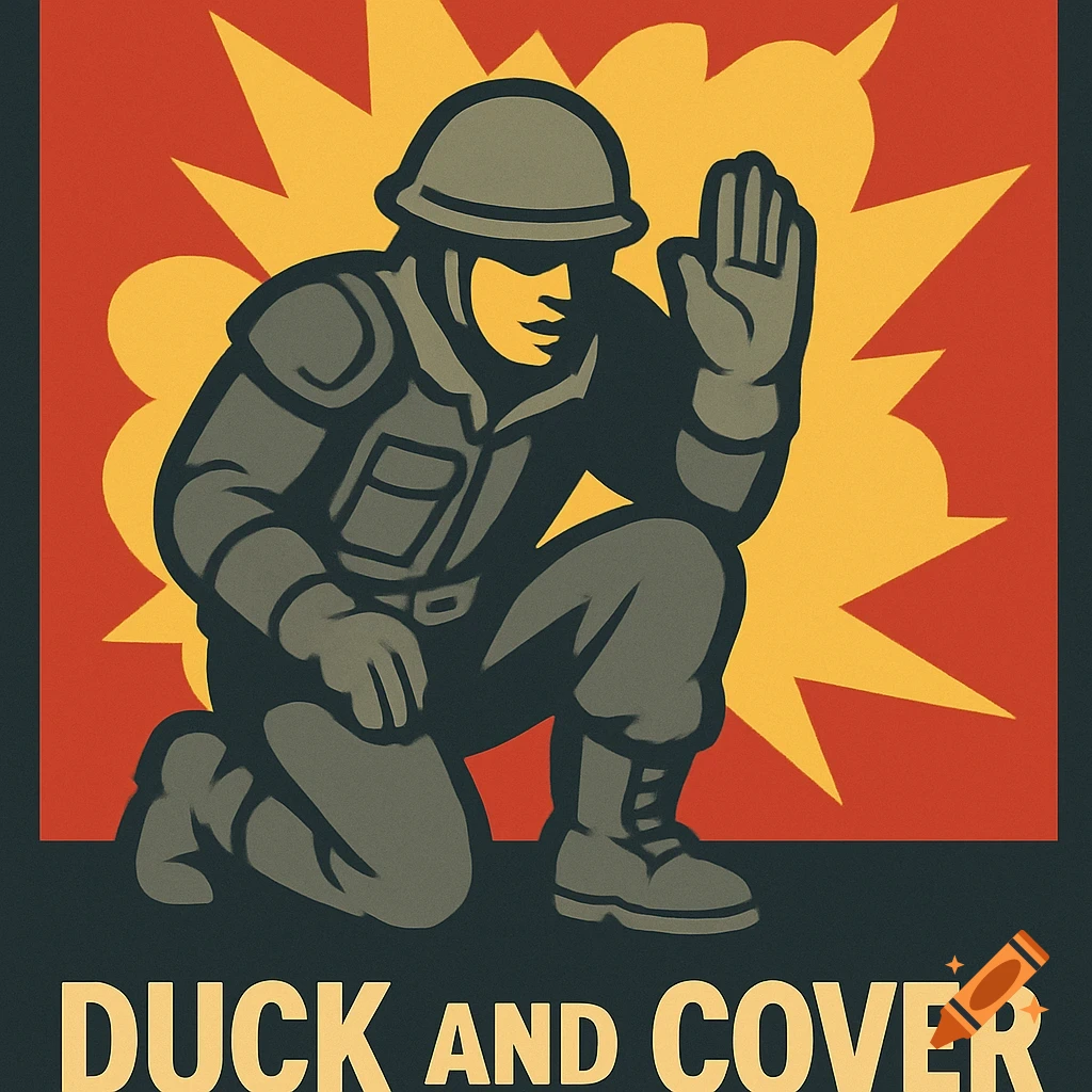 A graphic art image of a soldier crouching with a raised hand, a yellow explosion behind him. Text reads 'DUCK AND COVER'.