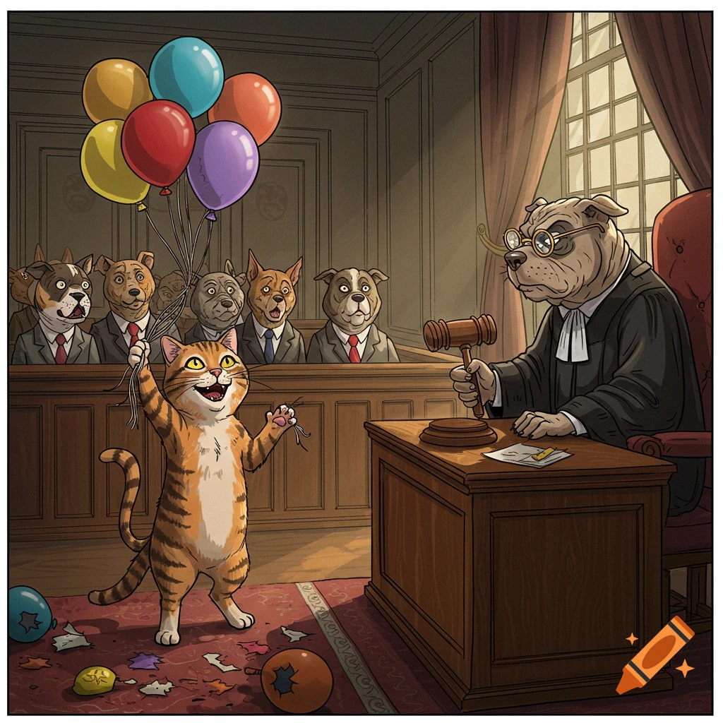 A whimsical cartoon shows an orange tabby cat holding strings of popped balloons, facing a stern dog judge in a courtroom.